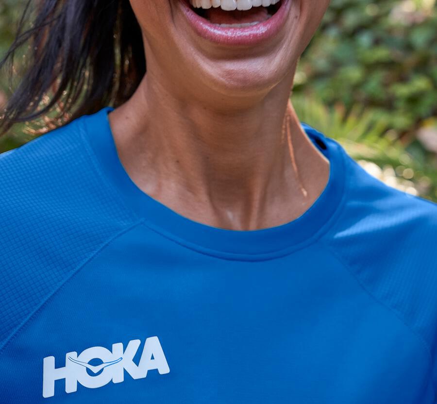 Hoka One One Top Damske Modre - Performance Dlho Sleeve - 07169-VUHN